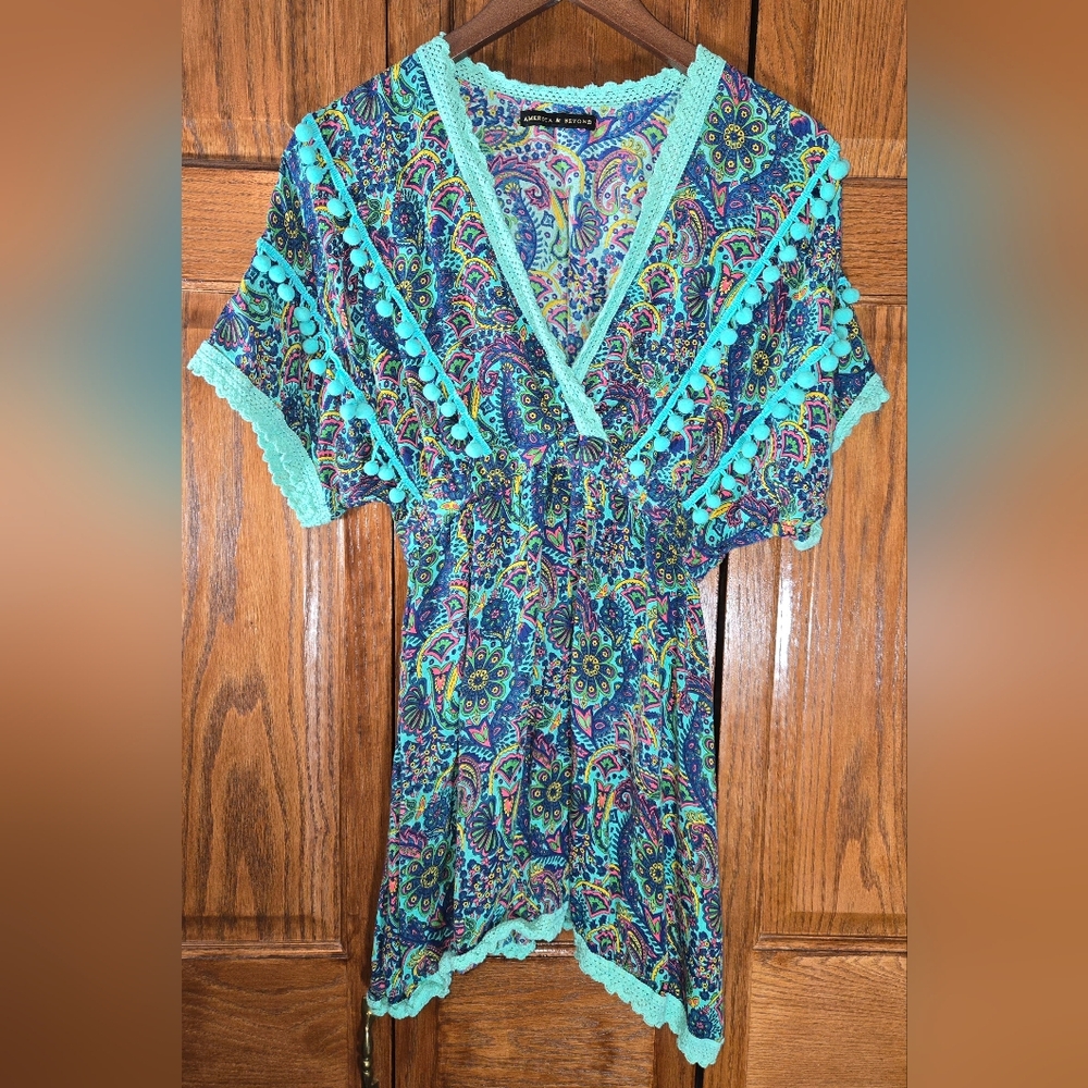 America & Beyond Pom Pom Paisley Empire Waist Short Sleeve Blue Cover Up